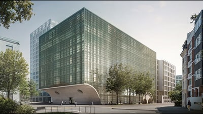 Moderner Gebäudekomplex mit Glasfassade und Bogenbasis.
