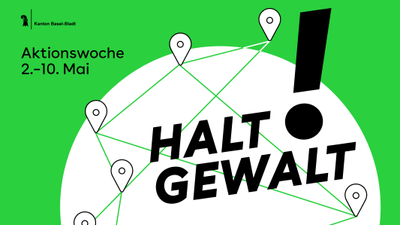 Grünes Plakat mit 'Halt Gewalt!' und Aktionswoche-Daten.