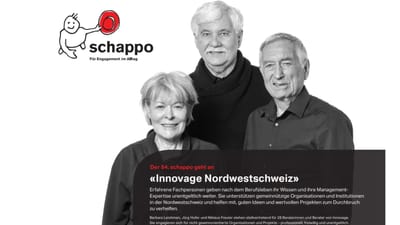Drei lächelnde Erwachsene mit schappo-Logo oben links.