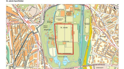 Stadtkarte mit St. Jakob Sportfelder markiert.