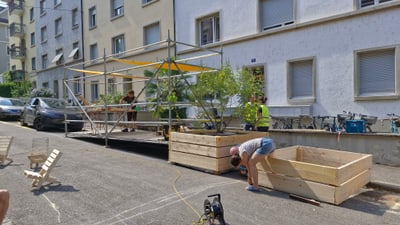 Personen arbeiten an Stadtbegrünungsprojekt mit Holzkonstruktionen auf Strasse.