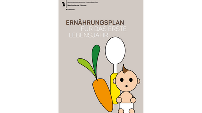 Ernährungsplan für das erste Lebensjahr, Karotte und Baby-Illustration.",