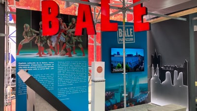 Exhibition on the theme of Basel with large red letters.