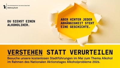 Plakat über Alkoholabhängigkeit mit dem Text 'Verstehen statt verurteilen'.