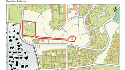 Karte des Wasserturms Bruderholz mit Umgebung und Route.