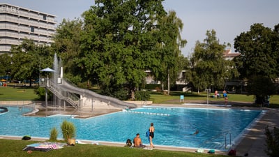 Öffentliches Freibad mit Rutsche und Bäumen.