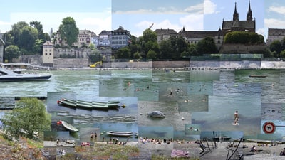 Collage des Rheins in Basel mit Schwimmern und Kathedrale im Hintergrund.