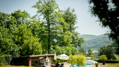 Garten mit Pool, Bäumen und Hügeln im Hintergrund.