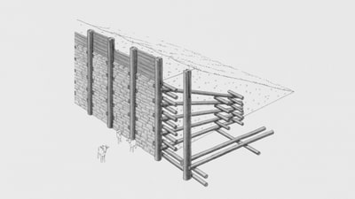 Architekturzeichnung einer Steinmauer mit Erdwall und Holzarmierung.