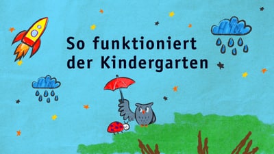 Blauer Hintergrund mit kindlichen Zeichnungen: Rakete, Regenwolken, Sterne. Unten eine Eule mit rotem Schirm und ein Marienkäfer. In der Mitte der Text: So funktioniert der Kindergarten