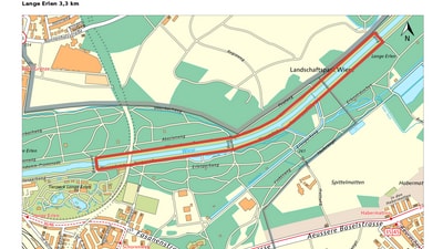 Karte des Landschaftsparks Wiese mit markiertem Weg Lange Erlen 3,3 km.