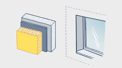 Illustration eines Wandsegments mit Fenster und Isolationsmaterial.