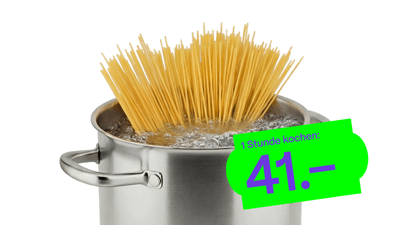 Kochtopf mit Spaghetti und Preisschild mit 41.00 pro Stunde.