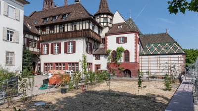 Historisches Gebäude mit markanter Dacharchitektur und begrünter Hoffläche.