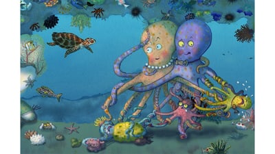 Bunte Zeichnung von zwei Tintenfischen und Meeresbewohnern im Ozean.