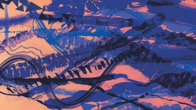 Abstrakte blaue und orangefarbene Malerei mit Linien und Formen.