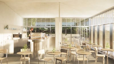 Innenraum des Parkcafés mit Blick auf den Winkelriedplatz