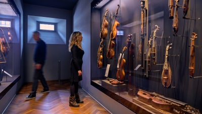 Zwei Personen in einem Museum, die eine Sammlung von Streichinstrumenten betrachten.