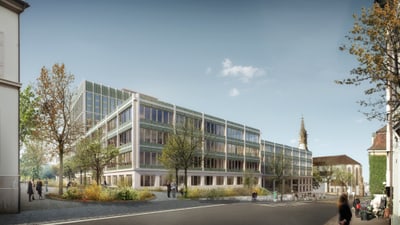 Visualisierung Klinikum 2, Blick vom Petersgraben in Richtung Peterskirche mit dem neuen Sockelgebäude.