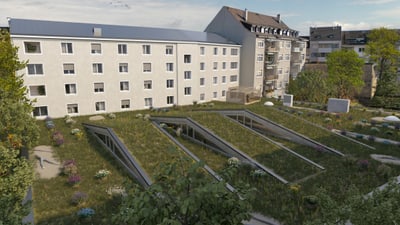 Hofüberdeckung mit Gründach