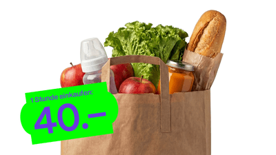 Einkaufstüte mit Lebensmitteln und Preisangabe.