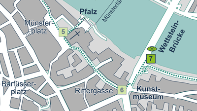 Kartenausschnitt mit Stadtstrassen und Beschriftungen wie Münsterplatz und Kunstmuseum.