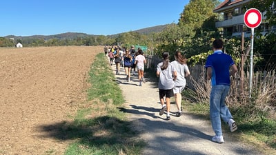 Gruppe von Menschen, die auf einem ländlichen Weg joggt.