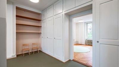 Leerer Raum mit weissen Schränken und zwei Stühlen.