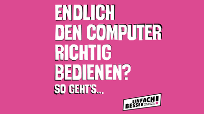 Werbung für Computerkurs auf pinkem Hintergrund.