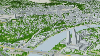 Vogelperspektive auf Stadt mit Fluss und modernen Gebäuden.
