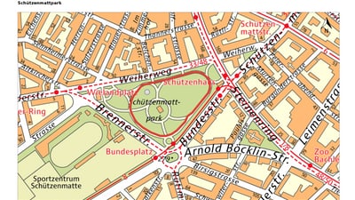 Stadtplan des Schützenmattparks in Basel mit umliegenden Strassen.