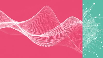 Abstrakte Wellenlinie auf rotem Hintergrund, Netzwerkstruktur rechts.