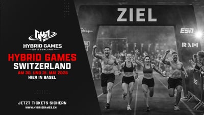Läufer überqueren die Ziellinie bei den Hybrid Games Schweiz 2026 in Basel.