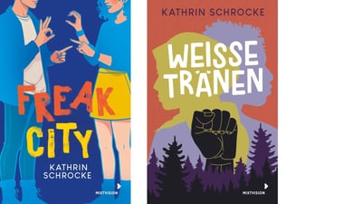 Zwei Buchumschläge mit farbenfrohen Illustrationen und Titeln.