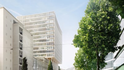 Visualisierung Klinikum 3: ein weisses rechteckiges Hochhaus.