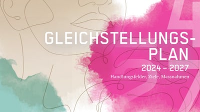 Gleichstellungsplan 2024-2027 Cover mit abstrakten Gesichtern und Farben.