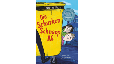 Buchcover von 'Die Schurken Schnapp AG' mit Kindern hinter einem Müllcontainer.