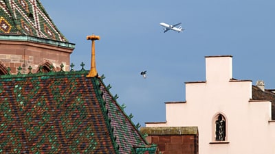 Dächer eines historischen Gebäudes mit Flugzeug und Vogel im Hintergrund.