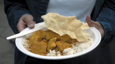 Person hält einen Teller mit Curry und Reis.