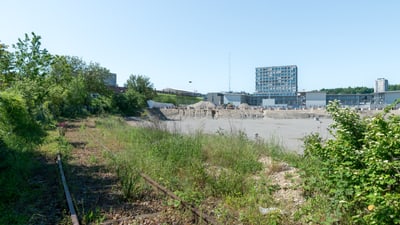 Verlassene Bahngleise mit überwuchertem Gras und Blick auf städtische Gebäude.