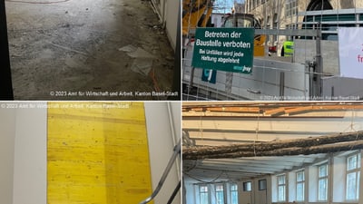 Collage aus Bildern vom Umbau, zwei Bilder aus geleerten Hallen (eins mit Mini-Bagger, eines mit Bauschutt), ein weiteres Bild eines Krans an der Aussenfassade, sowie ein Bild abgedeckter Fenster im Treppenhaus