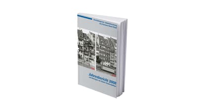 Jahresbericht 2008 Buch mit grauem Cover und blauem Text.
