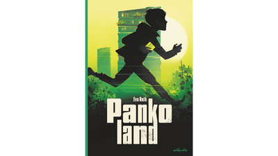 Silhouette eines laufenden Mannes vor einem Gebäude bei Sonnenaufgang, Buchcover 'Pankoland'.