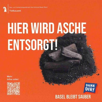 Werbeplakat für Ascheentsorgung in Basel mit Kohlenabbildung.