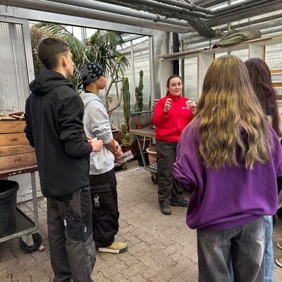 Gruppe in Gewächshaus im Gespräch vertieft.