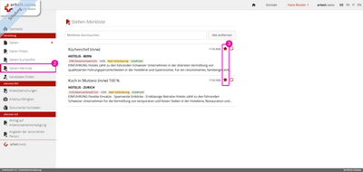 Screenshot der Stellen-Merkliste auf einer Job-Website mit Jobangeboten und Navigation.