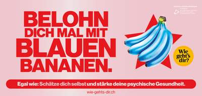 Plakat mit blauen Bananen und Text zur psychischen Gesundheit.