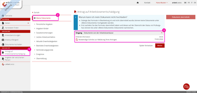 Benutzeroberfläche eines Online-Dienstes zur Arbeitslosenentschädigung mit Dokumentenübersicht.