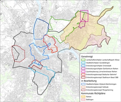 Karte von Basel mit Einzeichnungen, welche Gebiete die Teilrichtpläne und Konzepte umfassen.