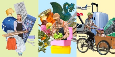 Collage aus Menschen mit Gegenständen und Fahrzeugen.